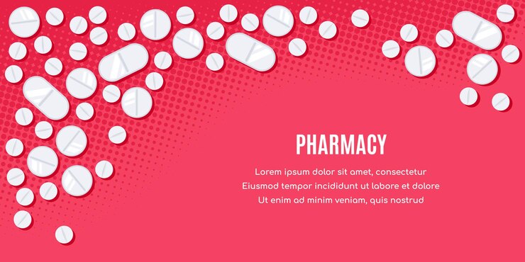 Vettore design di banner in stile piatto con farmaci. compresse, una preparazione di antidolorifici, antibiotici, vitamine.