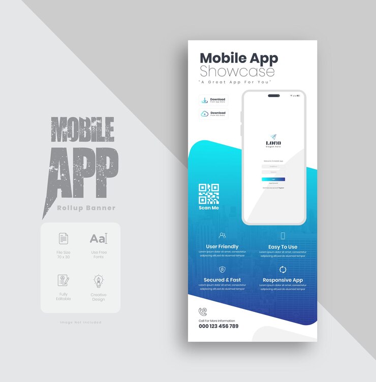 Vettore design di banner rollup promozionale per app mobili, design di banner rollup aziendali