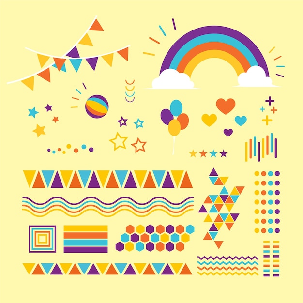 Design di elementi vettoriali con arcobaleni colorati e decorazioni per feste di stelle