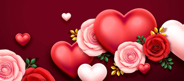 Design di San Valentino con rose e decorazioni a forma di cuore nell'illustrazione 3d