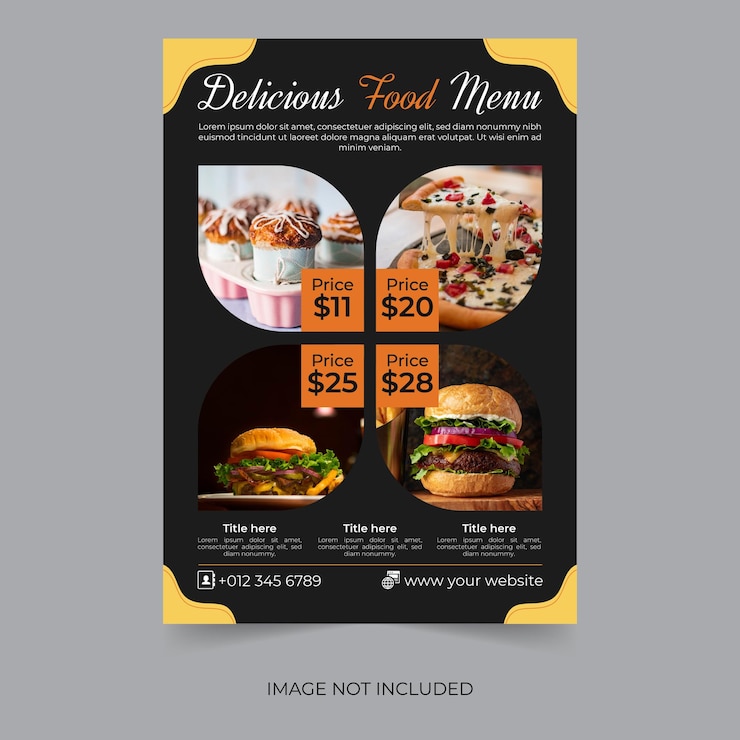 Vettore design di volantini alimentari per la carta del menu del ristorante o la promozione del cibo