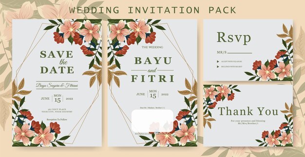 Design elegante per invito a nozze completo di menu dettagli rsvp e grazie