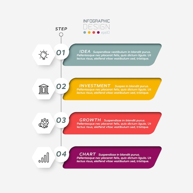 Design esagonale, combinato con etichette quadrate, 4 passaggi, infografica.