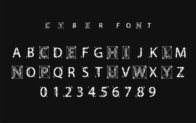 Design futuristico dei caratteri. Lettere e numeri per web e app. Alfabeto dei caratteri di tipo techno. Simboli digitali in stile hi-tech.