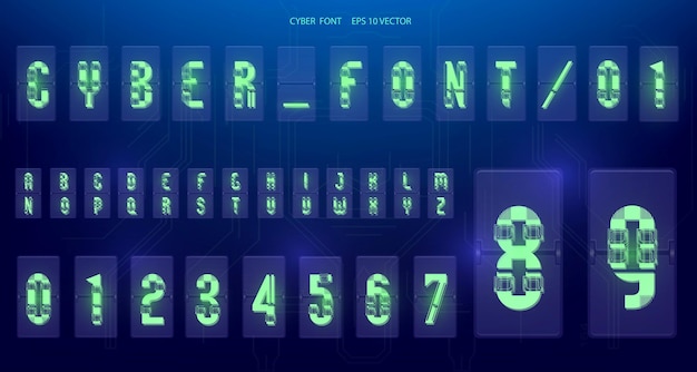 Design futuristico dei caratteri Lettere e numeri per web e app Alfabeto dei caratteri Techno Simboli hitech digitali per interfaccia HUD e cyberspazio Set di numeri e simboli per le ore della lampada