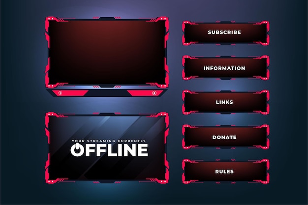 Design futuristico di sovrapposizione di gioco con forme astratte Sovrapposizione di gioco moderna e vettore di pannello dello schermo online su sfondo scuro Sovrapposizione di streaming live e design del bordo della trasmissione con colore rosso