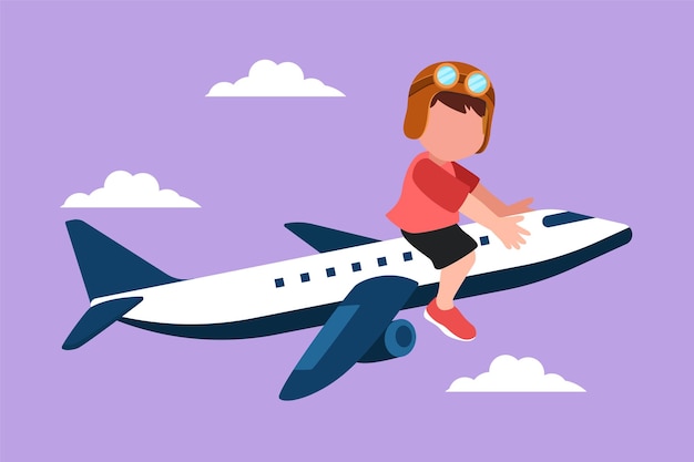 Design grafico piatto disegno adorabile ragazzino in sella a un piccolo aereo giocattolo Bambini felici in aereo Bambini in sella a un aeroplano giocattolo elettrico viaggio estivo viaggio concetto Illustrazione vettoriale in stile cartone animato