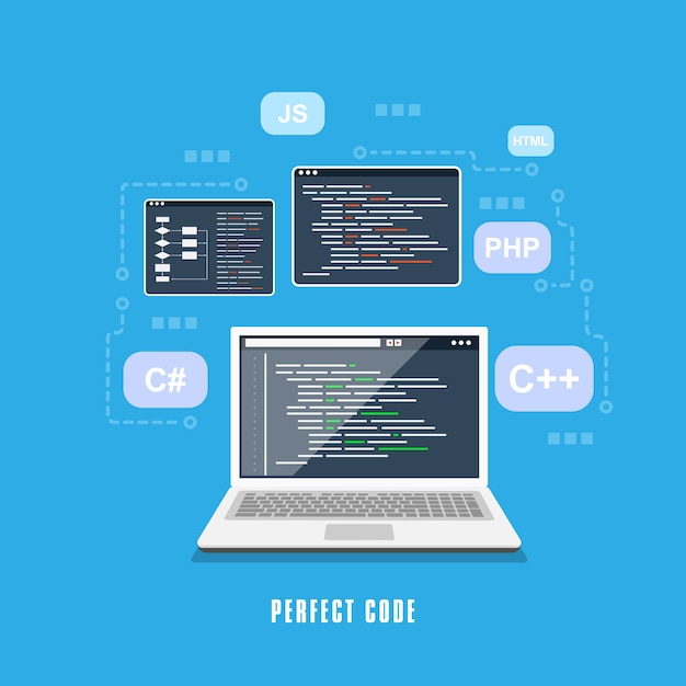 Design in stile piatto, codifica, programmazione, concetto di sviluppo di applicazioni.