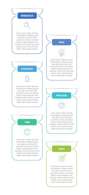 Design infografico verticale con icone e 6 opzioni o passaggi