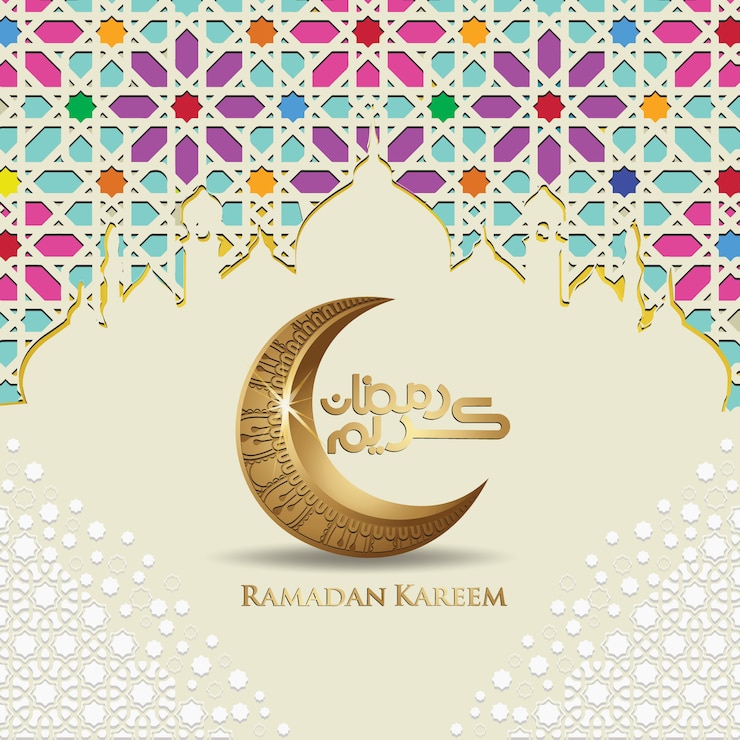 Vettore design lussuoso ed elegante ramadan kareem con calligrafia araba, mezzaluna e linea della moschea dettaglio colorato ornamentale islamico di mosaico per il saluto islamico.