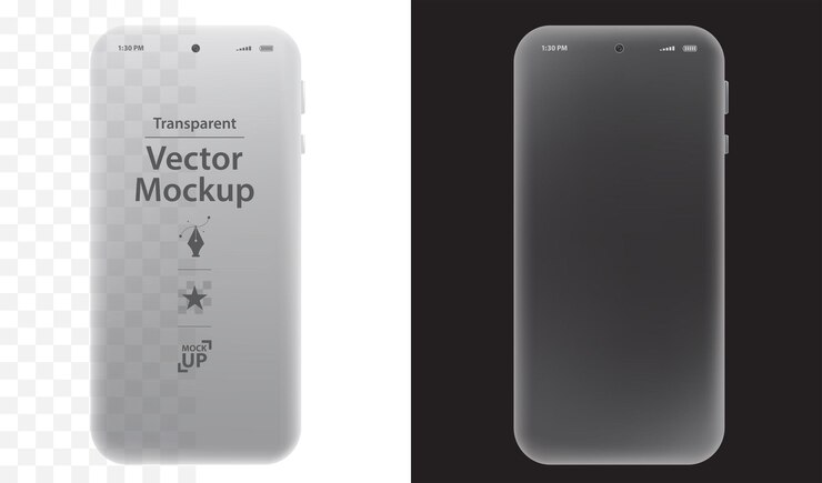 Design mockup vettoriale per telefono cellulare. Schermi di smartphone con sfondi neri, bianchi e trasparenti.