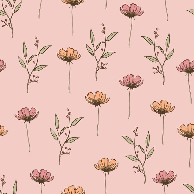 Design moderno del modello senza cuciture di fiori di campo Modello senza cuciture con fiori e foglie primaverili