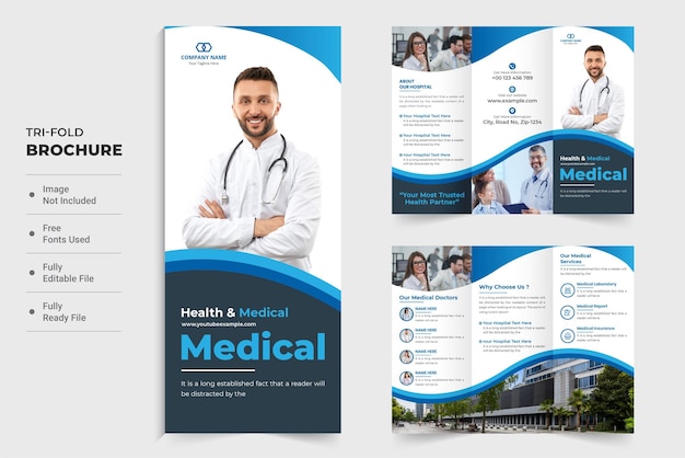 Design moderno dell'opuscolo promozionale del centro sanitario con colori scuri e blu Poster medico a doppia faccia e vettore dell'opuscolo per la pubblicità Design del modello dell'opuscolo a tre ante dell'ospedale