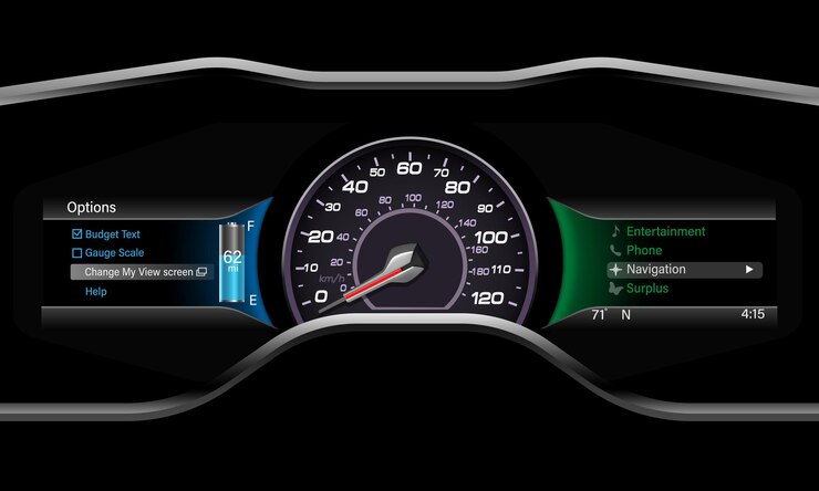 Vettore design moderno e futuristico della tecnologia del tachimetro del cruscotto dell'auto sul vettore di sfondo del boack