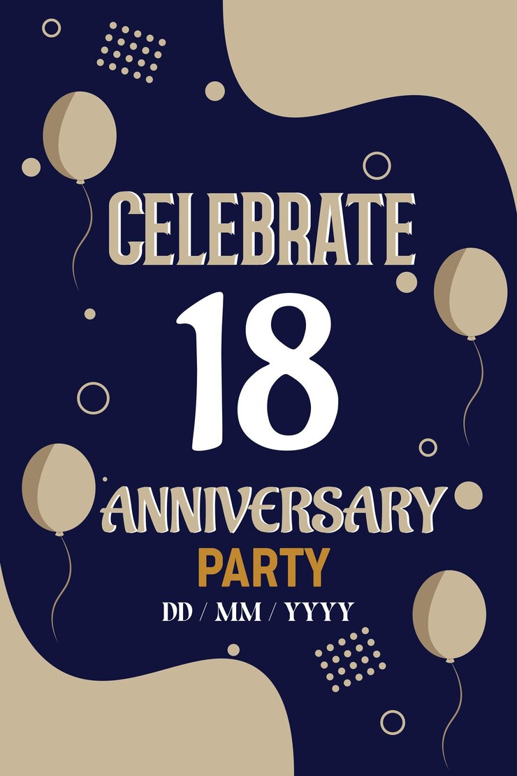 Vettore design per il 18° anniversario dell'invito di saluto, con palloncino, modello di design elegante.
