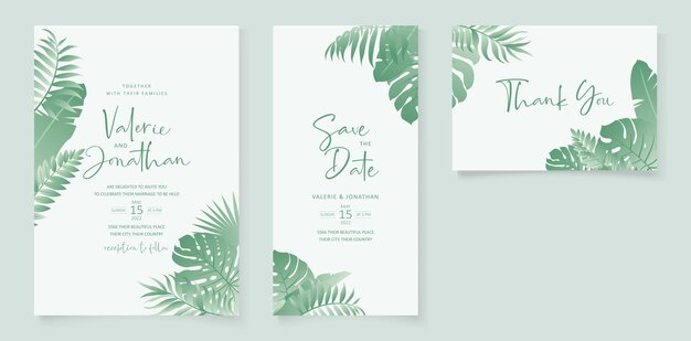 Design per inviti di nozze con tema foglia tropicale