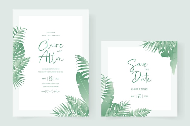 Design per inviti di nozze con tema foglia tropicale