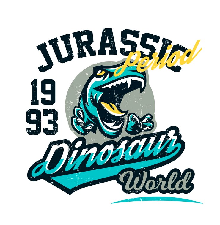 Design per la stampa su una maglietta isolata su uno sfondo bianco dinosauro del periodo giurassico Emblema effetto grunge vintage americano Mondo antico l'era dei dinosauri Illustrazione vettoriale