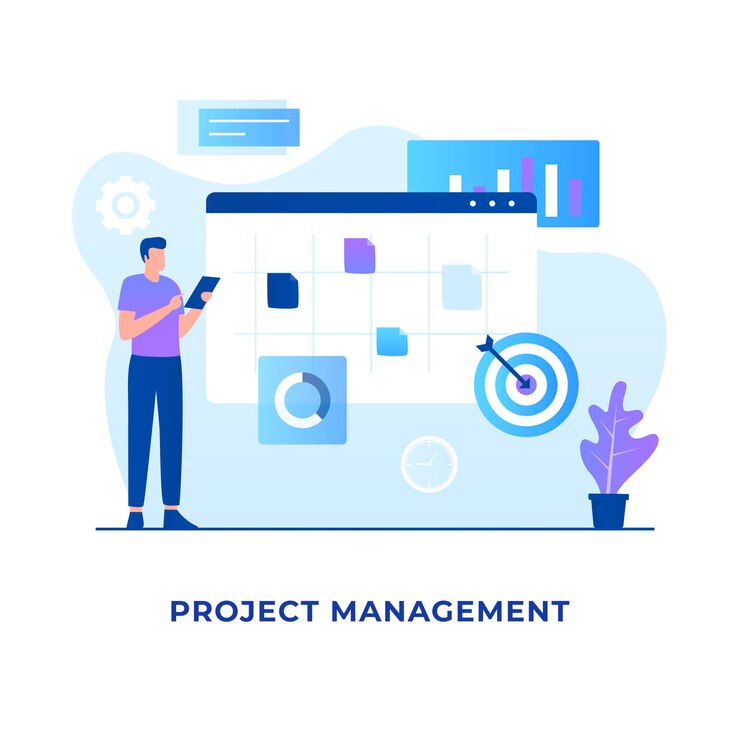 Vettore design piatto del concetto di gestione del progetto. illustrazione per siti web, pagine di destinazione, applicazioni mobili, poster e banner