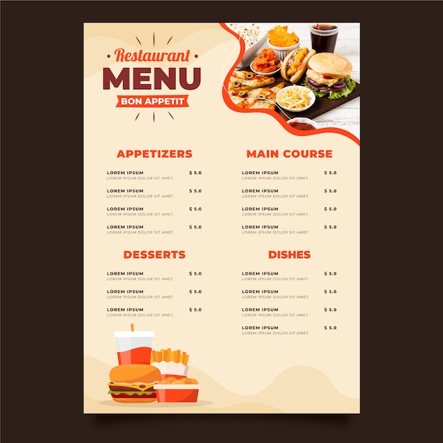 Design piatto del modello di menu di cibo