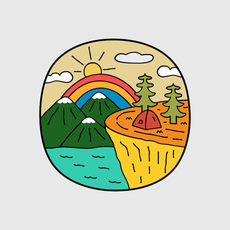 Design piatto della natura campo mare e scogliera di montagna per badge patch emblema grafica vettoriale arte tshirt design