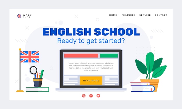 Design piatto della pagina di destinazione della scuola inglese