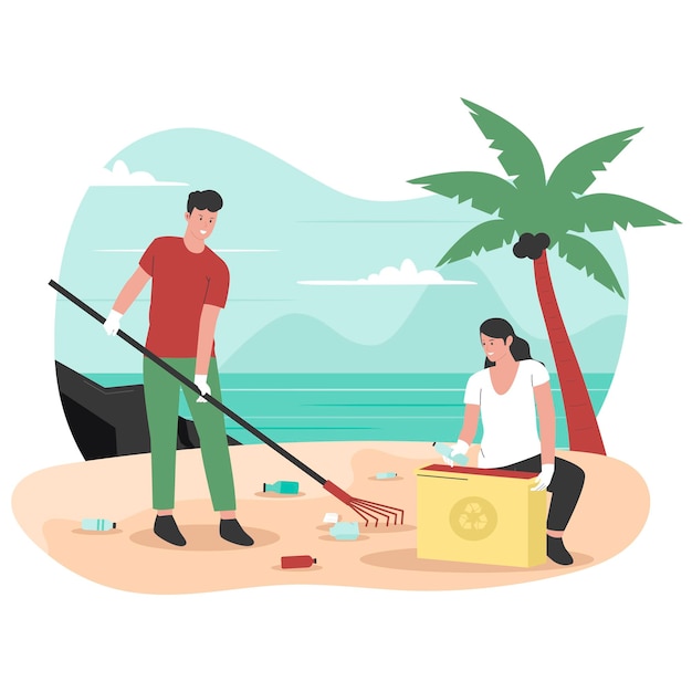 Design piatto di persone che ripuliscono la spiaggia dai rifiuti