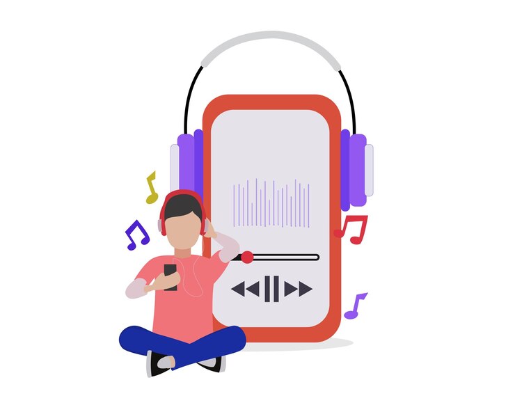 Vettore design piatto di un uomo che ascolta la sua musica preferita