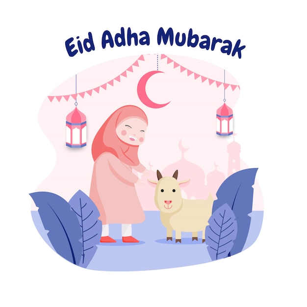Design piatto eid mubarak con ragazza felice e capra