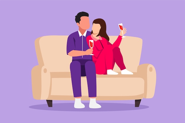 Design piatto grafico disegno coppia romantica seduta sul divano parlando e bevendo caffè Felice uomo e donna hanno una giornata di relax in salotto Romanticismo e amore Illustrazione vettoriale in stile cartone animato