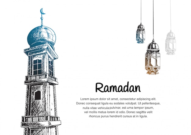 Design Ramadan con torre moschea e lanterna appesa