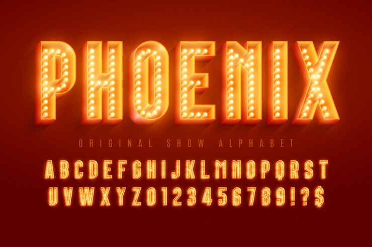 Design retrò dell'alfabeto, cabaret, lettere e numeri di lampade a LED.
