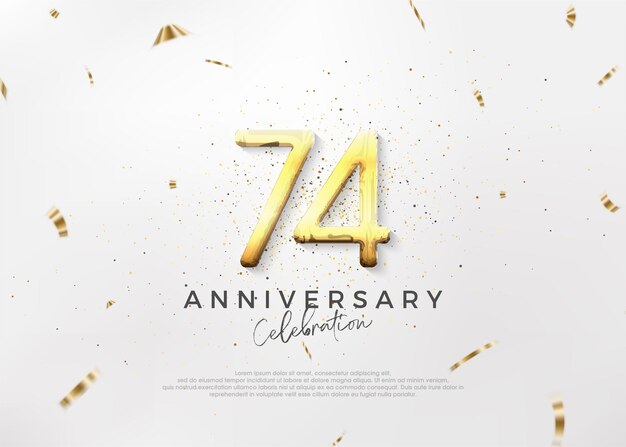 Design semplice e luminoso per il 74° anniversario con numeri dorati lussuosi ed eleganti Sfondo vettoriale premium per auguri e celebrazioni
