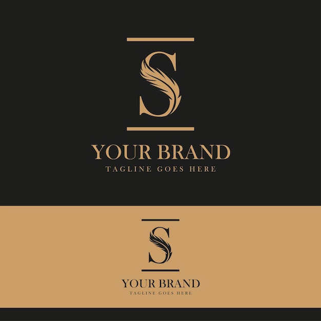 Design semplice e lussuoso del logo della lettera S con l'icona della piuma