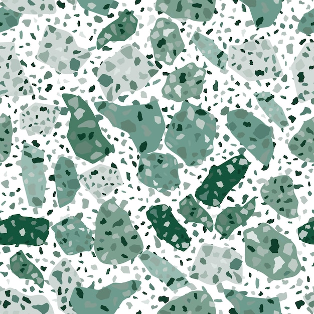 Design senza cuciture del terrazzo astratto. Carta da parati in marmo su sfondo bianco. Pietre naturali, granito, forme di quarzo. Sfondo di roccia strutturato. Collage moderno. Illustrazione vettoriale