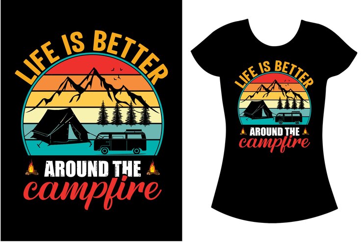 Vettore design t-shirt vintage da campeggio, montagna ed escursionismo. maglia da camper.