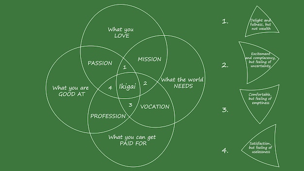 Design unico dell'illustrazione vettoriale della formula della felicità IKIGAI giapponese