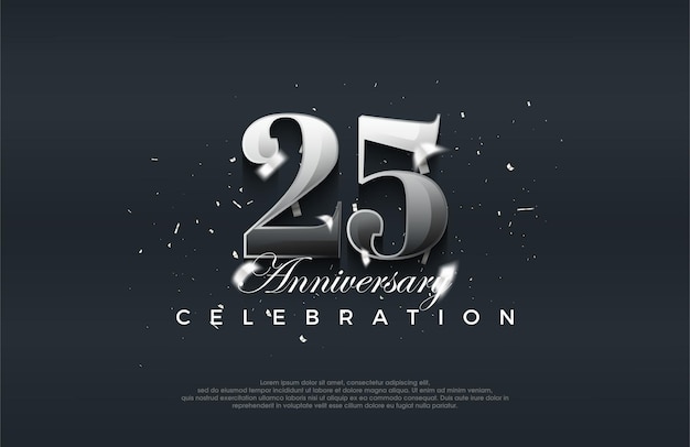 Design vettoriale per la celebrazione del 25° anniversario lucido metallizzato argento Sfondo vettoriale premium per saluti e festeggiamenti