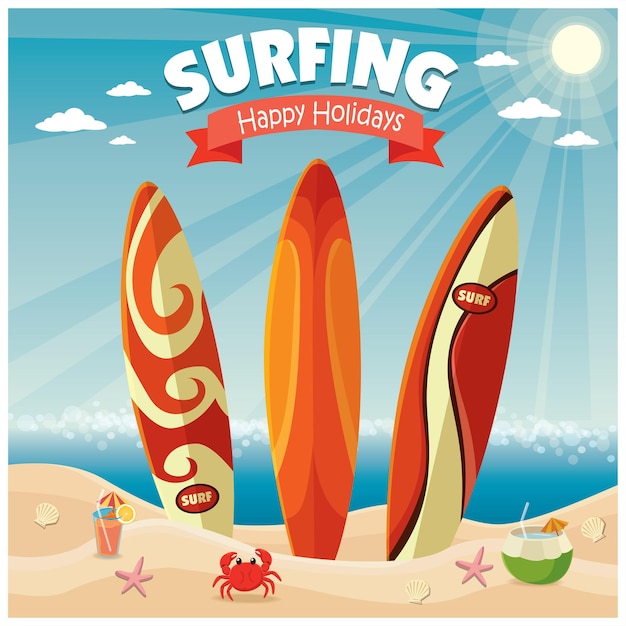 Design vintage da spiaggia poster con tavola da surf.