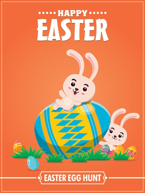 Design vintage del manifesto dell'uovo di Pasqua con il coniglietto di Pasqua