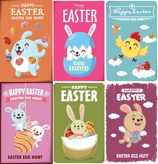 Design vintage del poster dell'uovo di Pasqua con pollo di coniglio di Pasqua