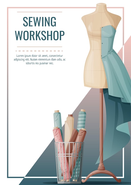 Design volantino con manichino da cucire e rotoli di tessuto Industria leggera Cucito per hobby cucito Poster banner per atelier laboratorio di cucito
