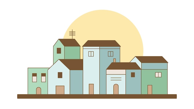 Designazione illustrativa di Cityscape Flat Home Casa Edificio Paesaggio con grande sole in cielo luminoso