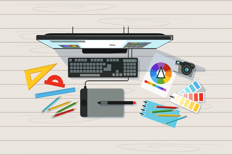 Vettore designer sul posto di lavoro pc pittore tablet matite tavolozza di colori sfondo cartoon vettoriale dell'artista pittore sul posto di lavoro del designer nell'illustrazione dell'area di lavoro