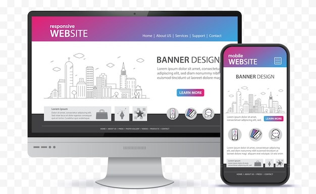 Desktop Computer e Mobile Phone Responsive Website Design Schermi Illustrazione vettoriale