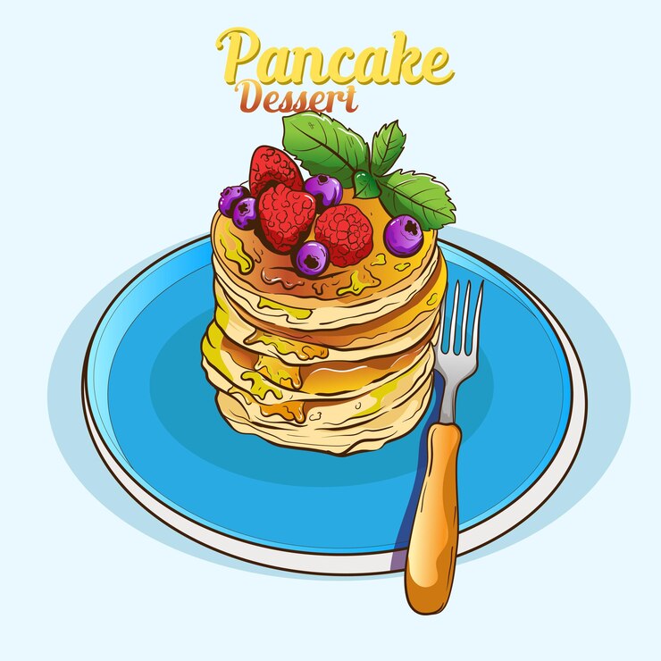 Vettore dessert vintage disegnato a mano delizioso pancake con sciroppo d'acero e annunci di burro per la promozione dei poster