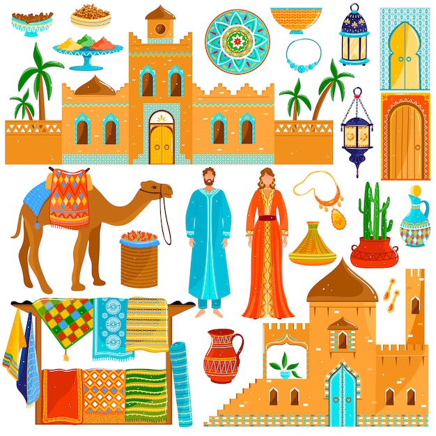 Destinazione di viaggio del Marocco in Africa, cultura e tradizioni nazionali, icone, illustrazione