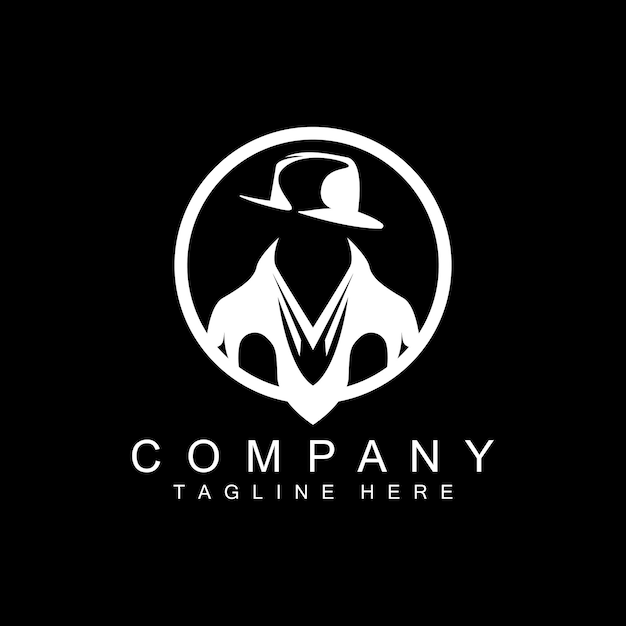 Detective Man Logo Design Mafia Detective Fashion Tuxedo e cappello illustrazione vettore BlackMan Businesman Icona