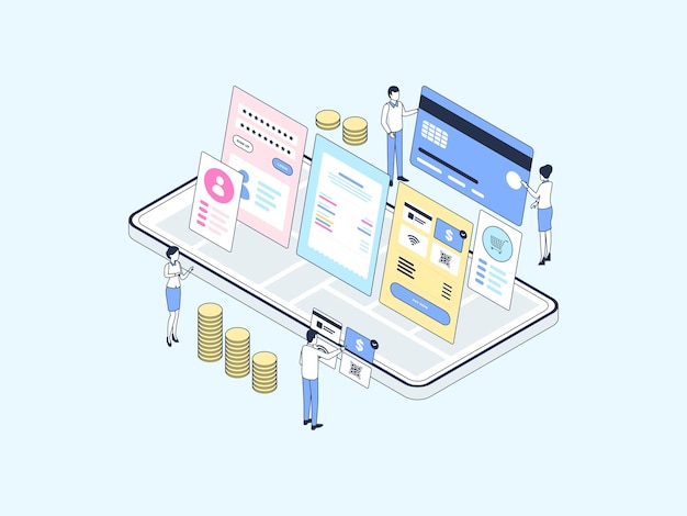 Dettaglio Mobile Payment Illustrazione isometrica Colore lineare. Adatto per app mobili, siti Web, banner, diagrammi, infografiche e altre risorse grafiche.