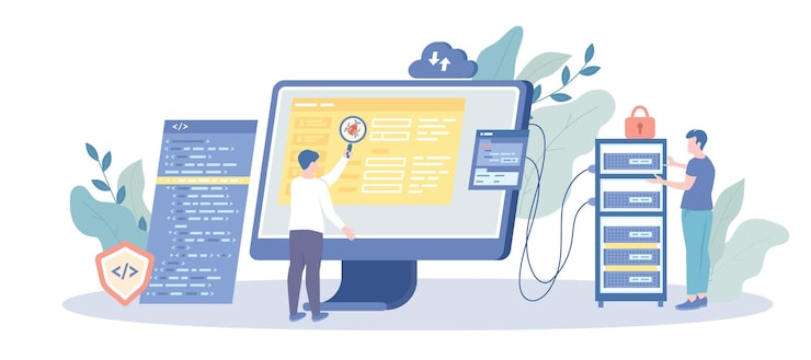 Vettore development of software and programming concept web developers creating program code on computer mo